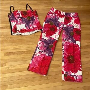 Dolce & Gabbana Floral Strapless Corset Top & Coordinating Pants in Red and Pink